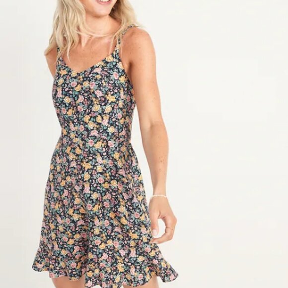 Old Navy Linen Blend Floral Cami Dress Ruffle Hem Smocked back Size Large - Picture 2 of 10